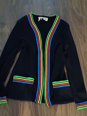 Jonathan Logan Black Open-Front Women's Cardigan with Multicolor Stripe Trim